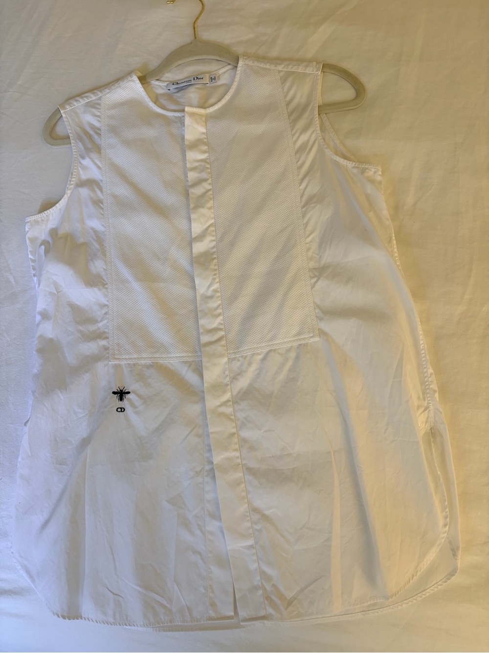 Dior Sleeveless White Cotton Poplin Shirt with Embroidered Bee